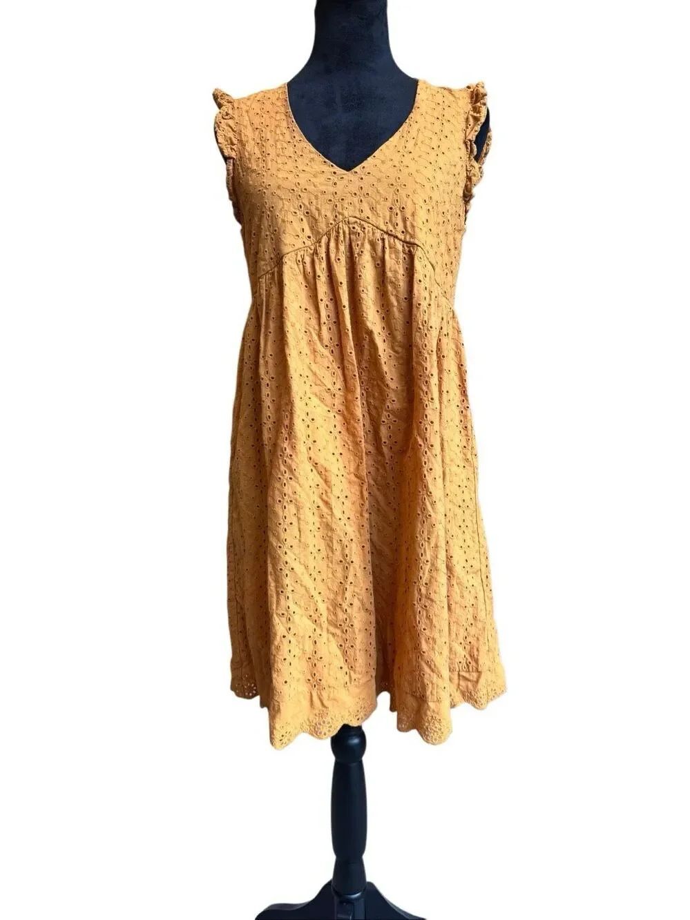 Knox Rose Mustard Eyelet Mini Dress Ruffle Sleeve V-Neck Boho Cottagecore XS